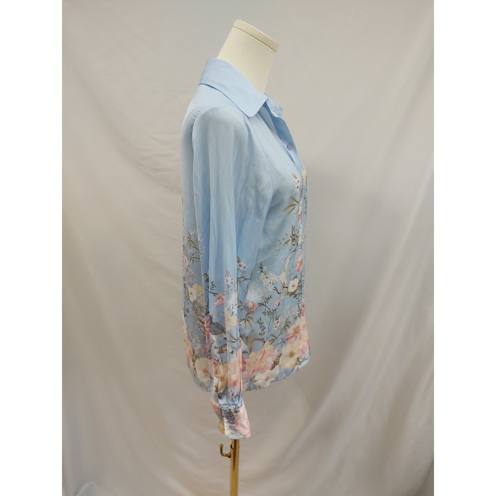 Rachel Zoe Blouse Button Up Shirt Silky Blue Lavish Floral Parrot Glam Print S - Picture 4 of 7